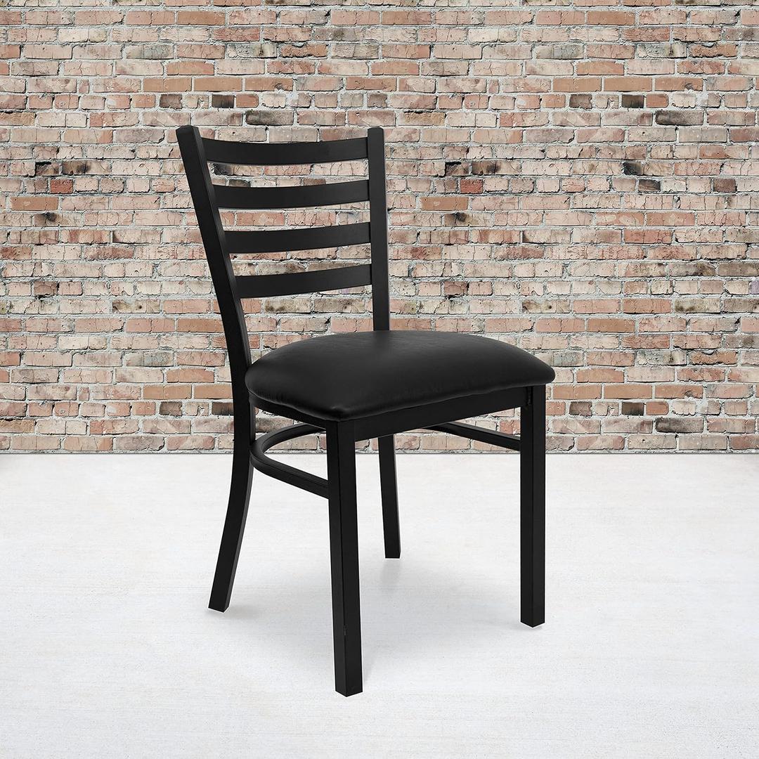 EMMA + OLIVER 2 Pack Black Ladder Back Metal Restaurant Chair - Black Vinyl Seat