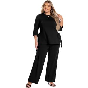 Plus Size 2 Piece Outfits for Women, Casual Tracksuits, Half Sleeve Lounge Sets, Elegant Wide Leg Pant Sets (3X-Large, Black)