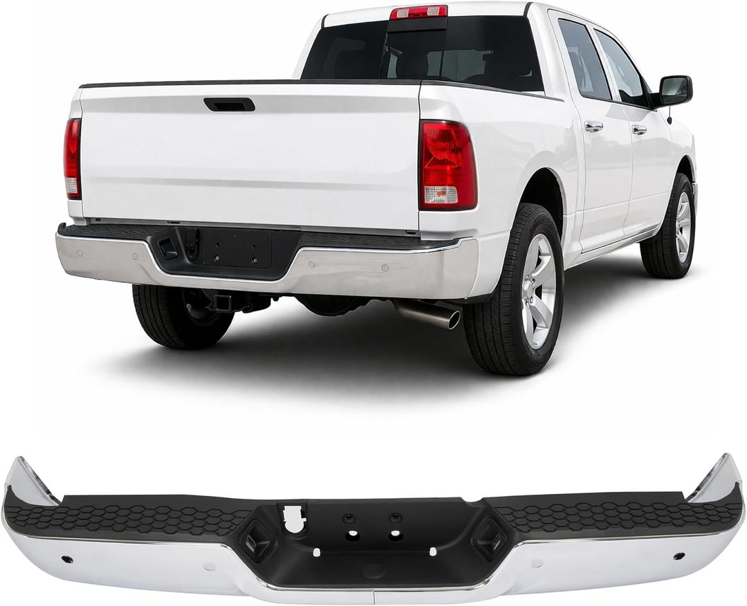 ALMULOO Split-type Rear Step Bumper Compatible with 2009-2019 Dodge Ram 1500 2500 3500 w/Sensor Holes&License Plate Lights Steel+Plastic Chrome+Powder Coated Replacement for CH1103122