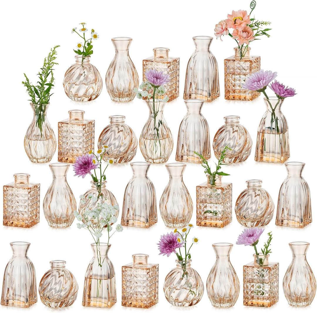 Hewory Small Glass Vases for Flowers: Set of 28 Mini Bud Vases for Tables Centerpieces - Vintage Flower Vase for Wedding Party Home Decor(Champagne Rose Gold)