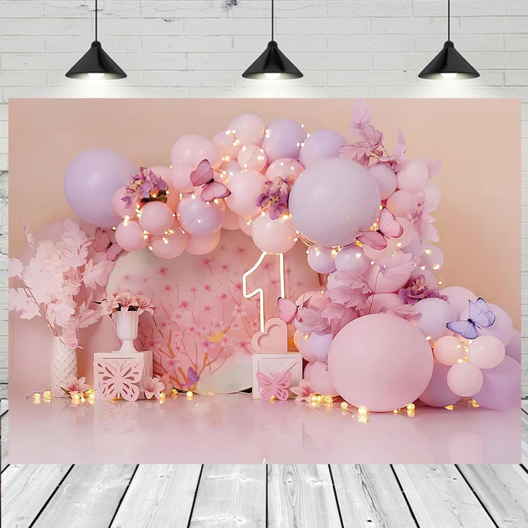 Girl 1st Birthday Balloon Photo Background Pink Balloon Butterfly Newborn Birthday Party Decoration Princess Girl Newborn Christening Backdrop Baby Shower Cake Smash Backdrop (8X6FT), Clear