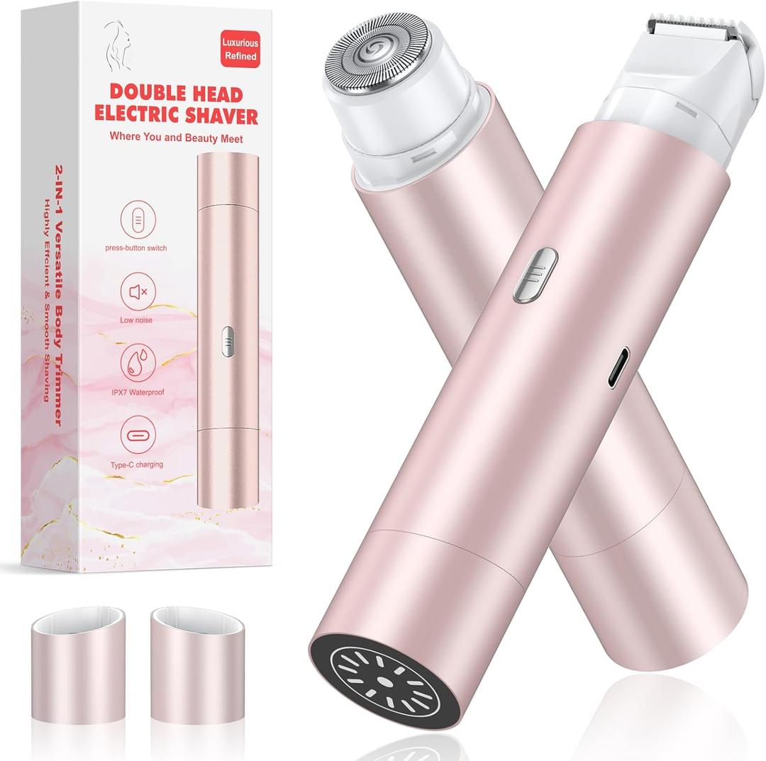 Bikini Trimmer for Women, Dual Head Face Shaver Body Hair Trimmmer, IPX7 Waterproof Womens Electric Razor for Legs, Rose Gold