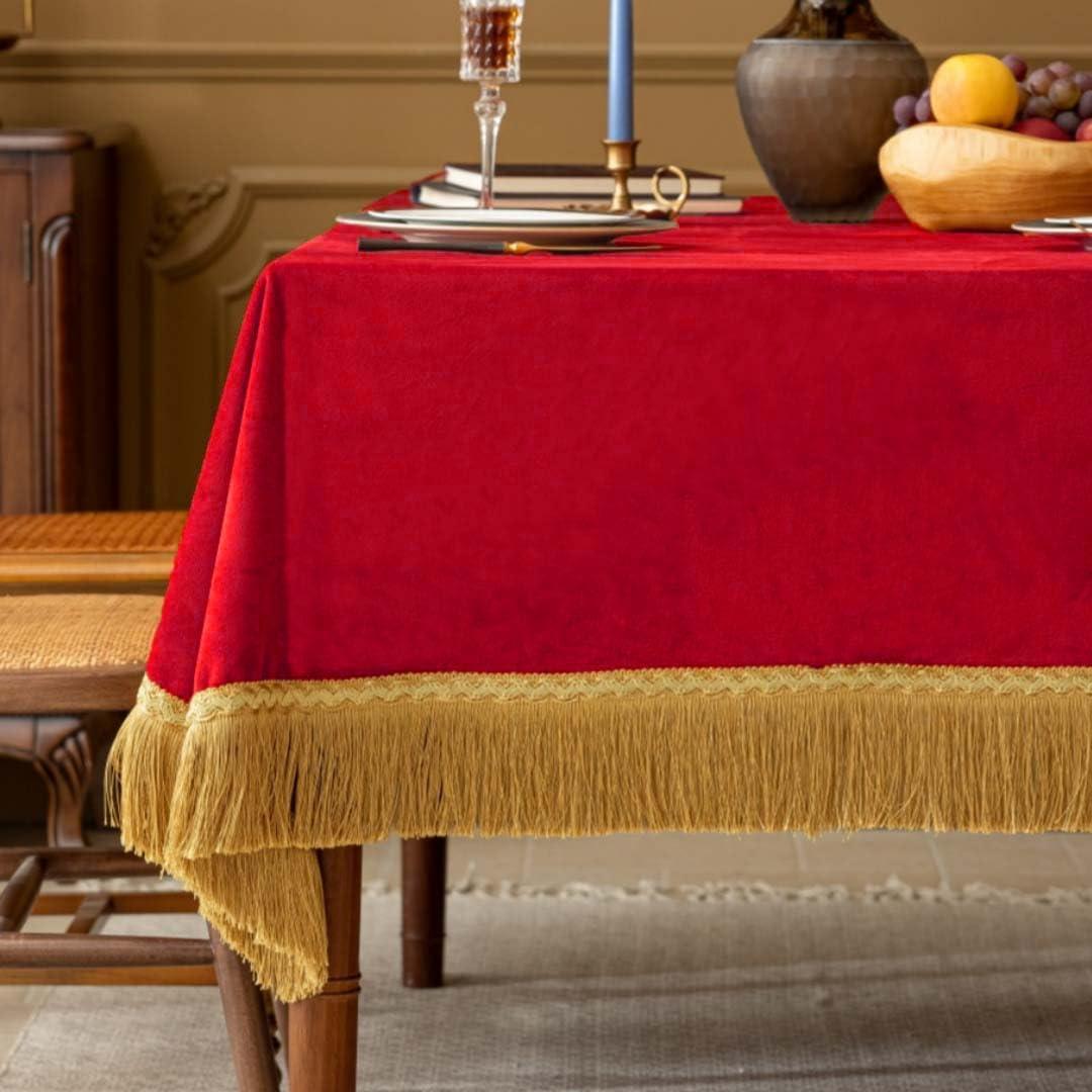 F-CHU Red Tablecloth Thickset Velvet Tablecloth with Beautiful Gold Tassels Vintage Table Cloth for Home Decor Wedding, Party, Banquet and Events 60x86-Inch