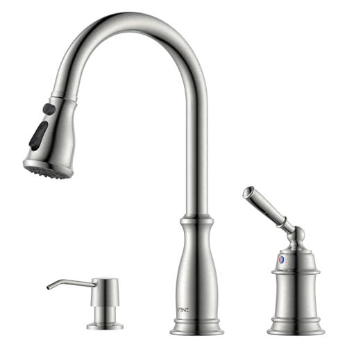 DAYONE 3 Holes Kitchen Sink Faucets with Pull Down Sprayer and Soap Dispenser, Separate Handle Brushed Nickel Sink Faucet for Kitchen, 2 Holes Single Handle High Arc