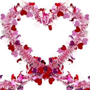 50 FT Valentines Day Heart Tinsel Garland, Red Pink White Metallic, Shiny Foil Heart Hanging Garland Streamer for Home Indoor Outdoor Decor