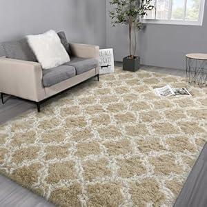 Hutha 8x10 Shag Large Area Rugs for Living Room, Beige Modern Super Soft Bedroom Carpet, Moroccan Luxury Geometric Plush Fluffy Rug for Kids Nursery Girls Room Indoor Home Decor