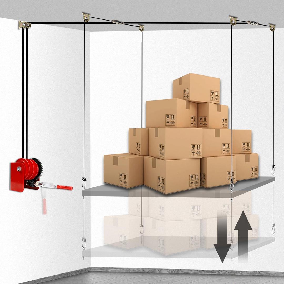 Overhead Garage Storage Lift Hoist  Heavy-Duty Ceiling Mounted Storage Lift System for 816 ft Ceilings, Supports 300 lbs  Easy to Install & Operate, Ideal for Garage Organization(Deck Not Includ)