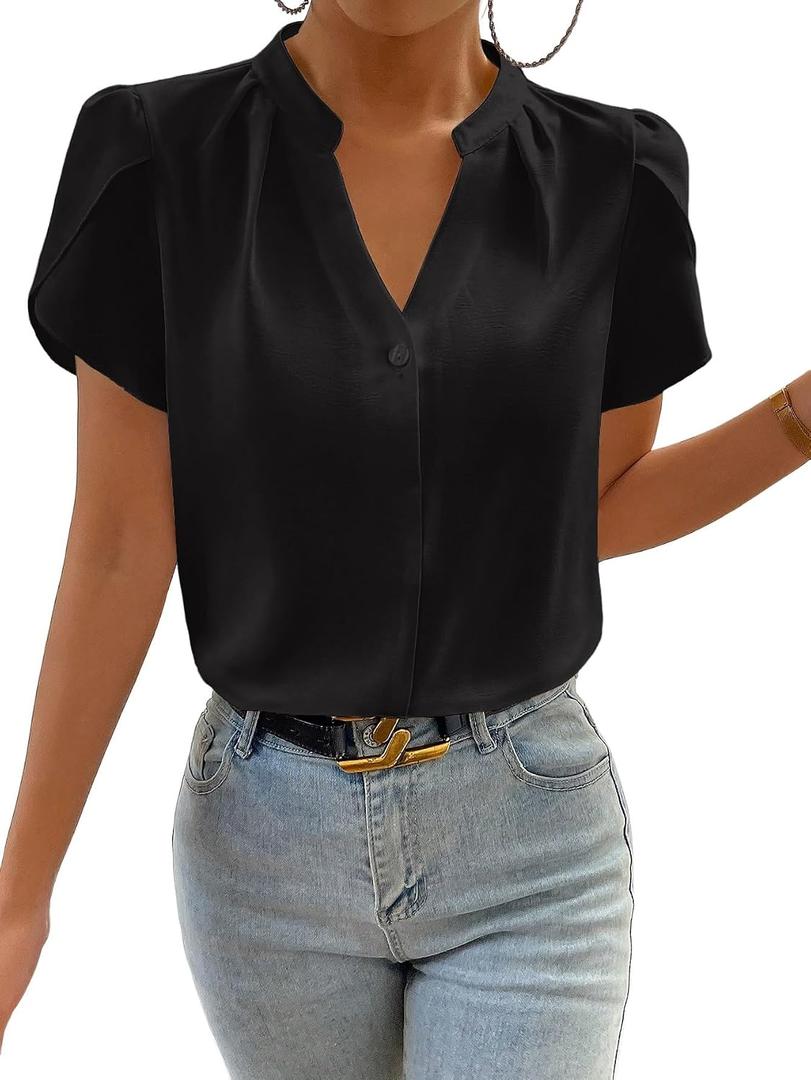Women's Tops Dressy Casual V Neck Short Sleeve Shirts Summer Chiffon Work Blouse Business Clothes (Black, XXL)