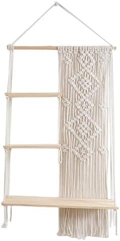 MIATTCLD Macrame Wall Hanging Shelf Boho Wood Floating Storage Shelf, 3 Tier Display Shelving for Hanging Plants Photos, Rustic Wall Decor with Tassel and Woven Rope for Home Bedroom Living Room