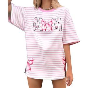 Oversized Mama Shirts Women Pink Bow Graphic Mom Tshirt Funny Mom Life Tee Casual Mama Gifts Short Sleeve Tops Large