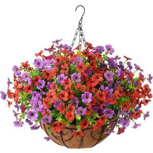 Artificial Flowers Hanging Baskets, 12 Bundles Faux Flower Outdoor Hanging Basket Spring Summer Decoration, Fake Flowers Plants for Porch Patio Balcony Home Yard Decor(Light Purple Red)