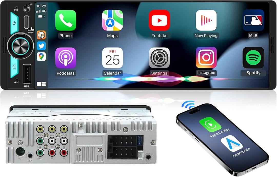 Wireless Single Din CarPlay Stereo: 6.5 Inch Wireless Android Auto Touchscreen Radio for Car - Bluetooth Incell Display 300W 4.2 CHN 2 Subwoofer Outputs USB Type-C Fast Charge SWC