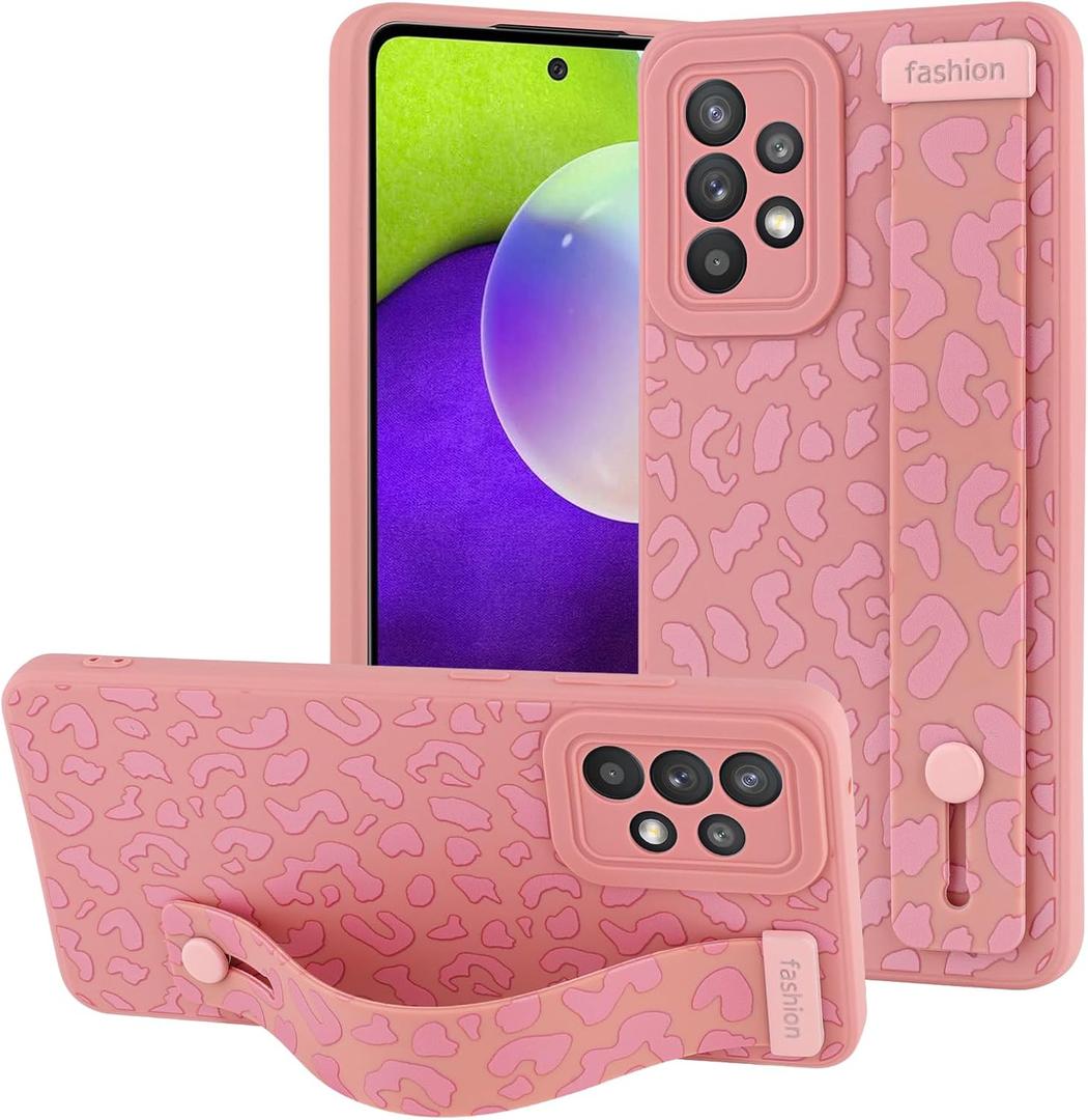 OOK Compatible with Samsung Galaxy A52 5G Case with Wrist Strap, Leopard Silicone Shockproof Protective Slim Anti-Scratch Cheetah Cover for Women Girls, Pink