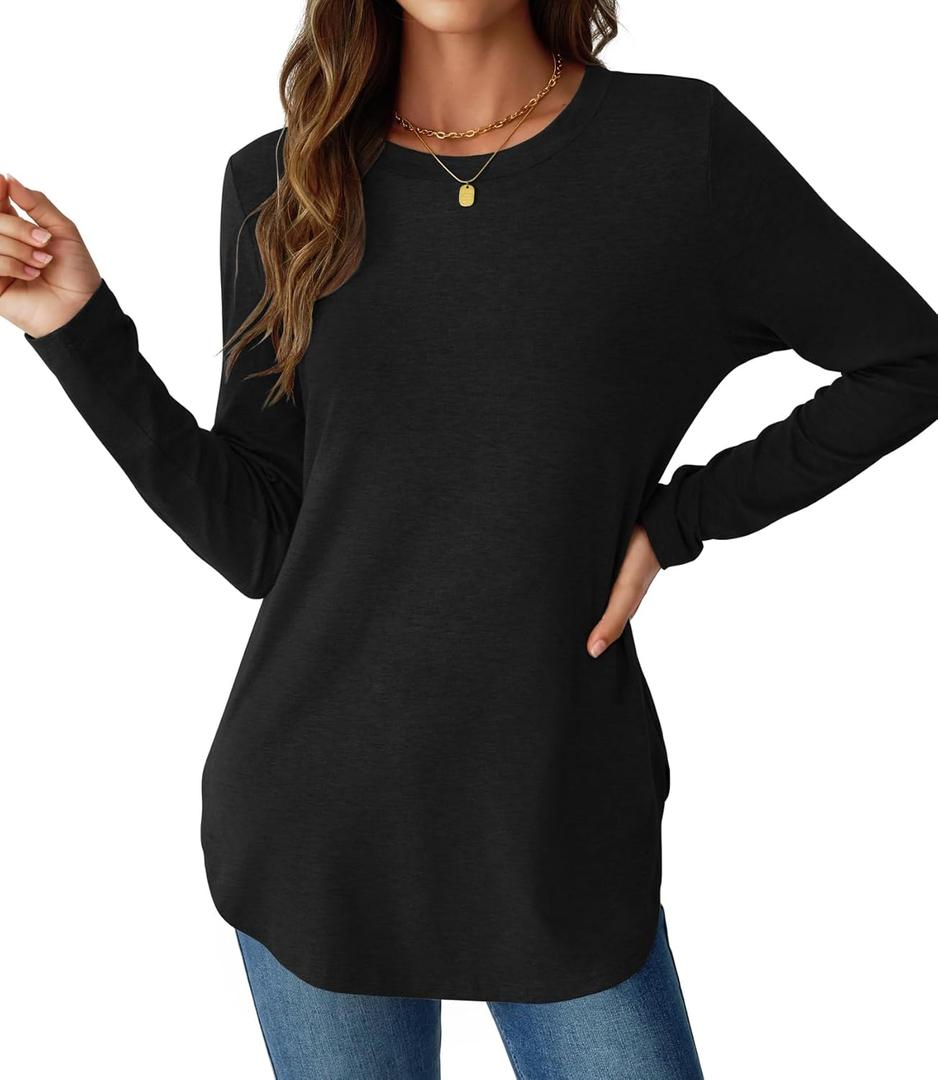 NORACORA Women Long Sleeve Shirts Loose Tunic Crew Neck Lightweight Side Split Casual 2026 Spring Trendy Basic Tshirts Blouse (Medium, Black)