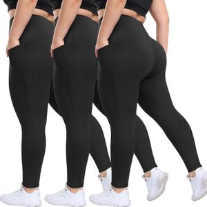 HLTPRO 3 Pack Plus Size Leggings with Pockets for Women - Black High Waisted Tummy Control Soft Yoga Pants for Gym Workout (Large-X-Large Plus)