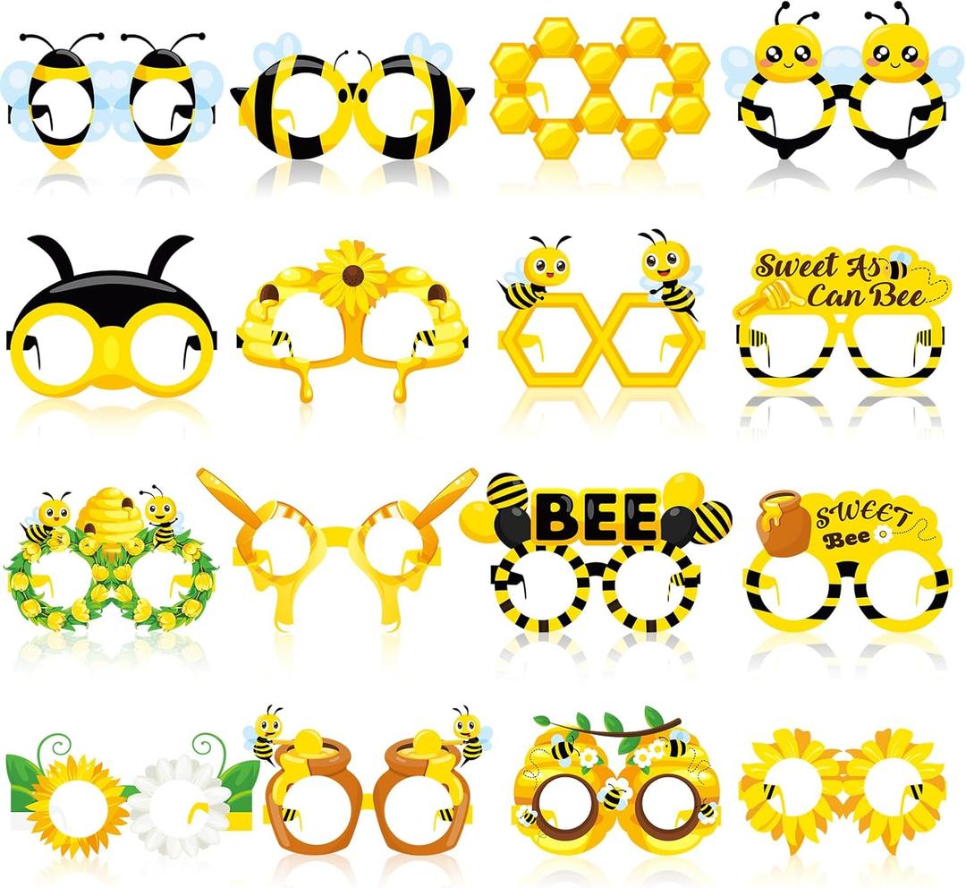Threan 32 Pieces Bee Party Supplies Bulk Bee Glasses Honeycomb Sunflower Paper Eyeglasses for Summer Flower Birthday Party Baby Shower Costume Photo Booth Props Decorations Supplies