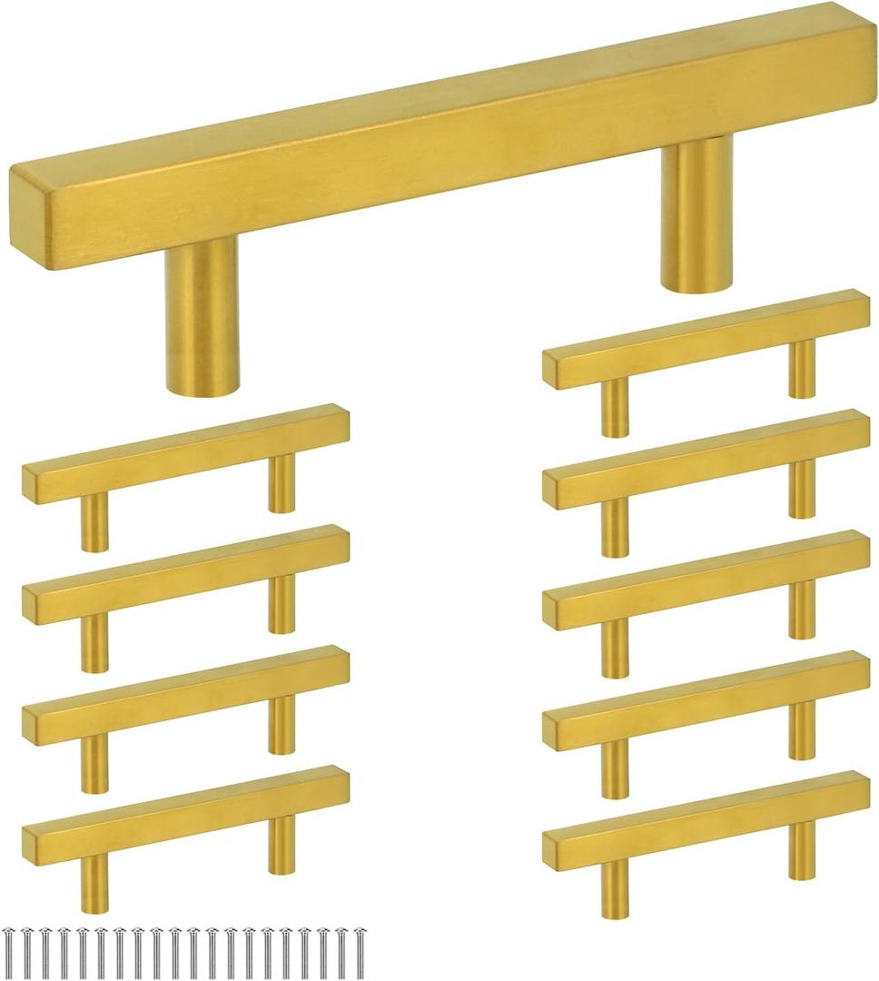 QWORK Gold Cabinet Handles, 10 Pack 3" Hole Centers Stainless Steel Drawer Pulls, 5" Length