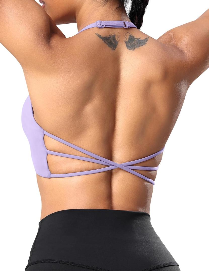 YEOREO Women's Sports Bra Halter Workout Sports Bra Strappy Criss Cross Back Bra Removable Padded Yoga Crop Top (Medium, Light Purple) YEOREO Women's Sports Bra Halter Workout Sports Bra Strappy Criss Cross Back Bra Removable Padded Yoga Crop Top (Medium, Light Purple)