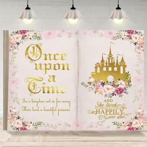 10x8ft Once Upon a Time Backdrop Fairy Tale Books Pink Floral Princess Castle Photography Background Romantic Wedding Birthday Party Banner Decorations Cake Table Decor