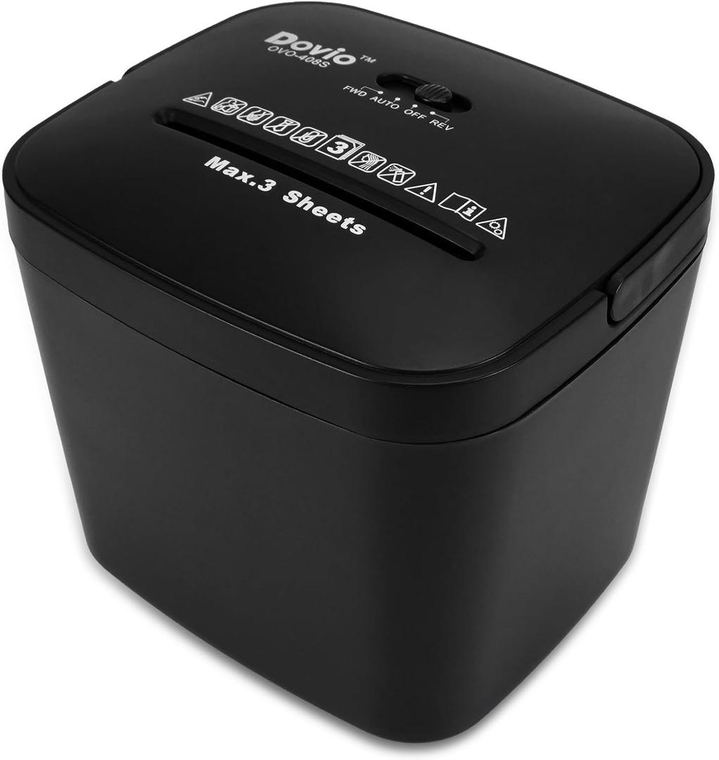 OVO-408S Mini Home Office Cross Cut Shredder, 3-Sheet Folded, 4L Bin | 428mm cross cut, jam reverse, 2m/min speed, <65dB quiet, 4min/60min cycle, shreds receipts, envelopes, home office privacy