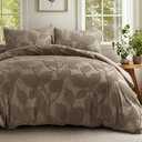 Duvet Cover Queen Size - Clipped Jacquard Leaf Queen Duvet Cover with 8 Corner Ties & 7 Buttons, 3 Pieces Breathable Shabby Chic Bedding Set with 2 Pillow Shams, Brown,90x90 Inches