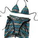Women's 3 Pieces Swimwear Set Halter Boho Bikini with Drawstring Beach Skirt Bathing Suit (Medium, Blue)