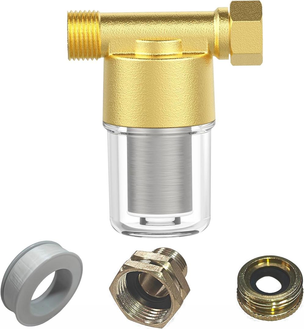 40 Micron Brass Sediment Filter, Inline Spin Down Sediment Water Filter for Washer, Washing Machine, Shower, Garden Hose, Well Water, Anti Clogging & Reusable with Pipe Sealant Tape