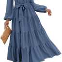 dowerme Women's Long Sleeve Dress 2025 Button Down Belted A-Line Flowy Fall Outfits Ruffle Maxi Holiday Party Dresses. Size S, Grey Blue