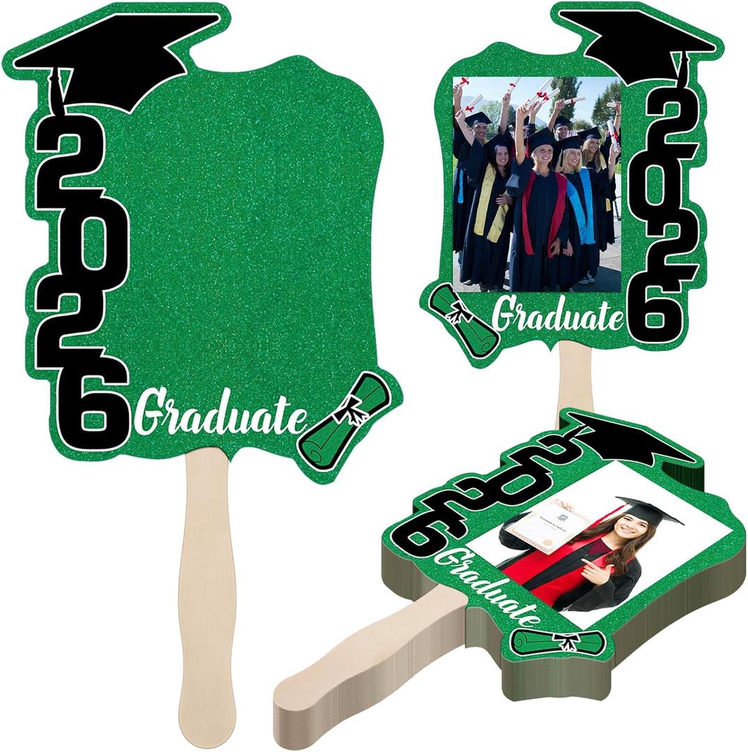 24 Pcs Graduation Cutout Face Fans with Handle Double Sided Personalized Grad Party Supplies Class of 2026 Grad Photo Props Blank DIY Photo Frame Graduation Party Souvenirs(Classic,Green)