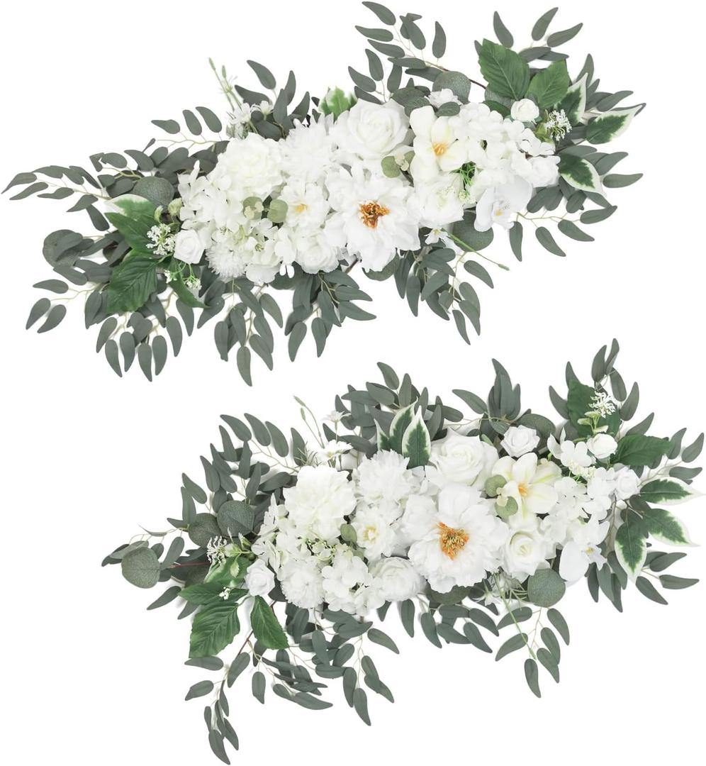TINGE TIME Flower Garlands, 2 PCS Artificial Eucalyptus Garlands, Handcraft Artificial Rose Garland for Arch Wedding Sweetheart Table Ceremony Backdrop Decorations for Home (IvoryWhite)