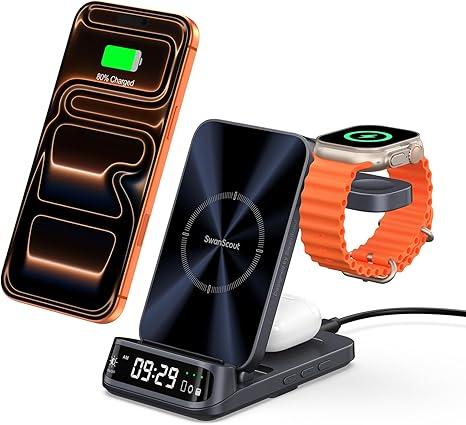 SwanScout Wireless Charger for iPhone Air/17/16/15/14/13/12 Series, 3 in 1 Charging Station for Apple Watch 11/10/9/8/7/6, Ultra 3/2, for AirPods Pro 3/Pro 2/4/3, SwanScout 708A (NO Adapter)