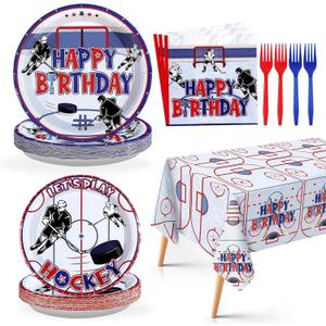 Grencian 98Pcs Hockey Party Supplies Ice Hockey Birthday Party Set Including Plates Napkins Forks and Tablecloth Disposable for Boys Kids' Birthday Hockey Fans Sports Games Themed Party Decoration