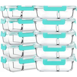M MCIRCO 10-Pack,30 Oz Glass Meal Prep Containers 2 Compartments Airtight Lunch Bento Boxes with Lids, Glass Food Storage Containers, Microwave, Oven, Freezer and Dishwasher, Green