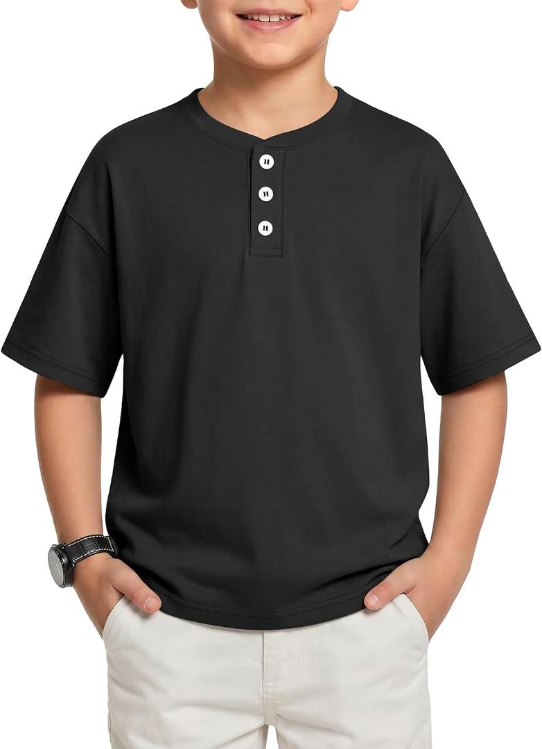 Boys Short Sleeve Shirts | Henley Tees, Oversized, for Kids, Loose, Casual, Summer, Button, Basic Tops, Classic, Cute, Size 5-6 Years (Black)
