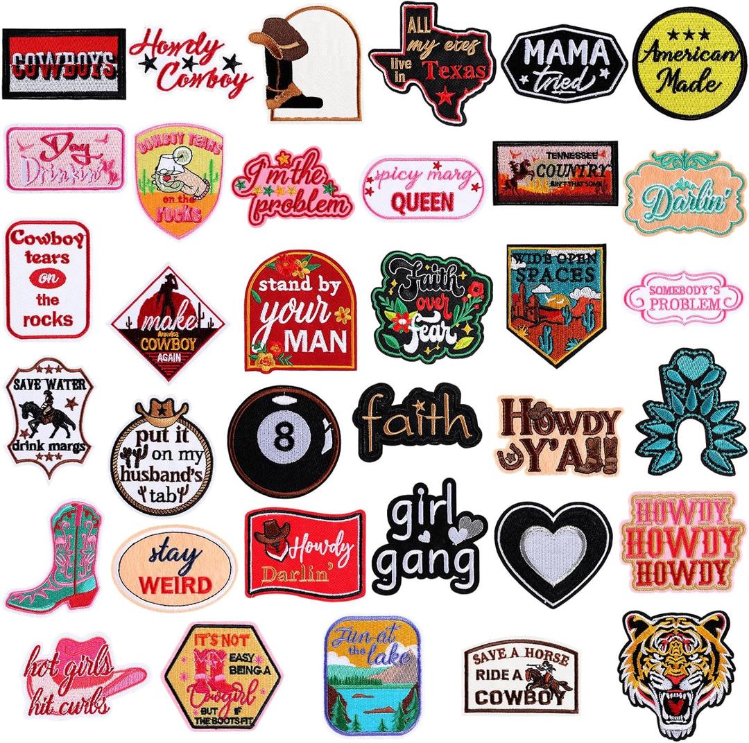 Lyrow 50 Pcs Western Cowboy Iron on Patch for Hat Cowboy Sew on Applique Patch for Jean Jacket Backpack Clothing DIY Accessories