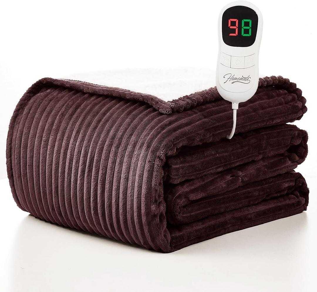Homemate Heated Blanket Electric Throw - 50"x60" Heating Blanket Throw 1/2/4/6/8 Hours Auto-Off 10 Heat Levels Over-Heat Protection Soft Flannel Sherpa ETL Certification (09 - Chestnut(striped))