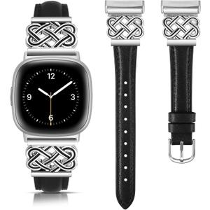 TOYOUTHS Celtic Knot Leather Band Compatible with Fitbit Versa 4/Versa 3/Fitbit Sense 2/Sense Band Women, Slim Dressy Thin Fashion Designer Premium Leather Strap for Versa 3 4 Sense 2 Smartwatch (5.2 - 7.6 Inches, Black/Silver Buckle)
