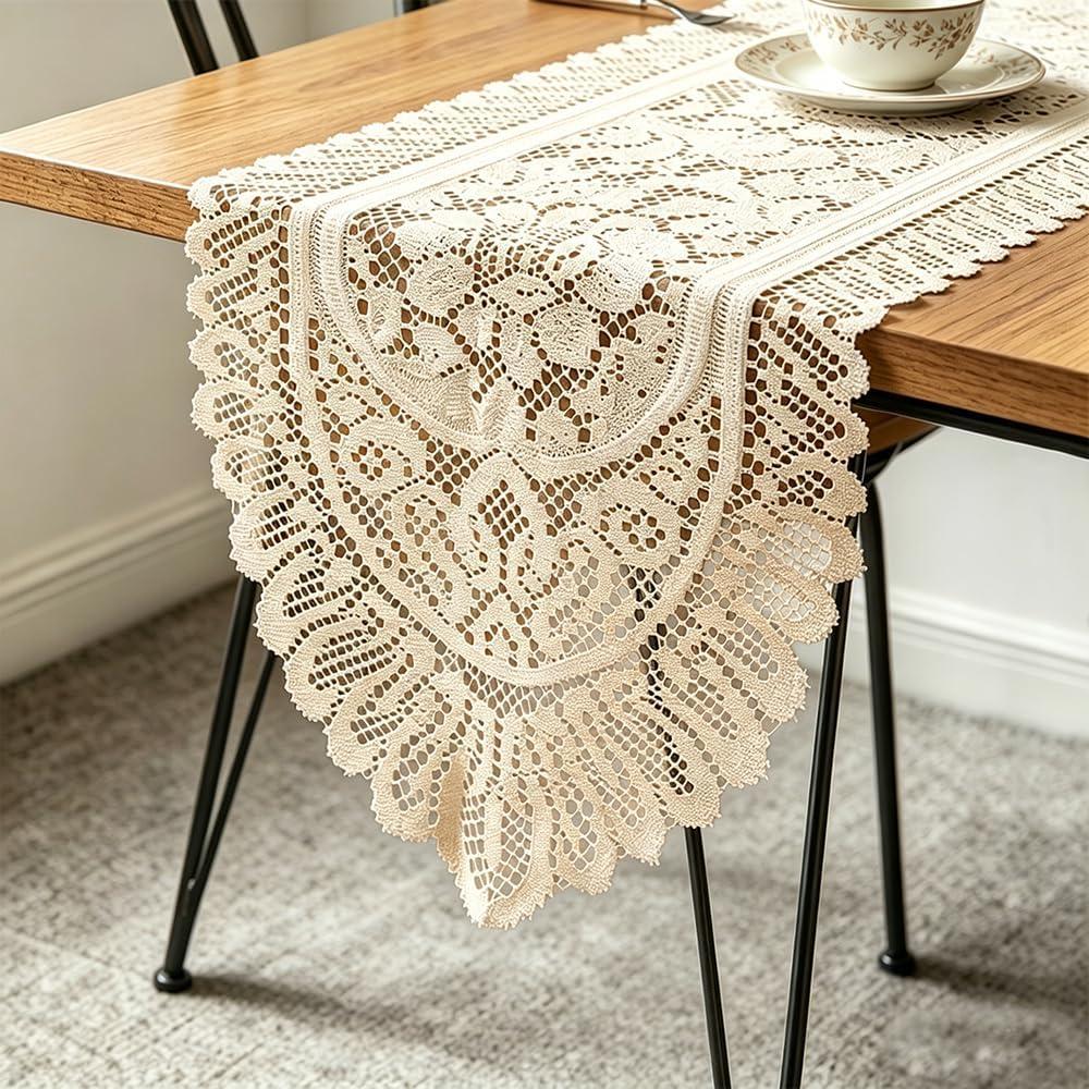 Tinsow 2 Pack Cotton Crochet Lace Rectangular Table Runner Dresser Scarf Doilies (Beige Without Tassels) (13" X 44")
