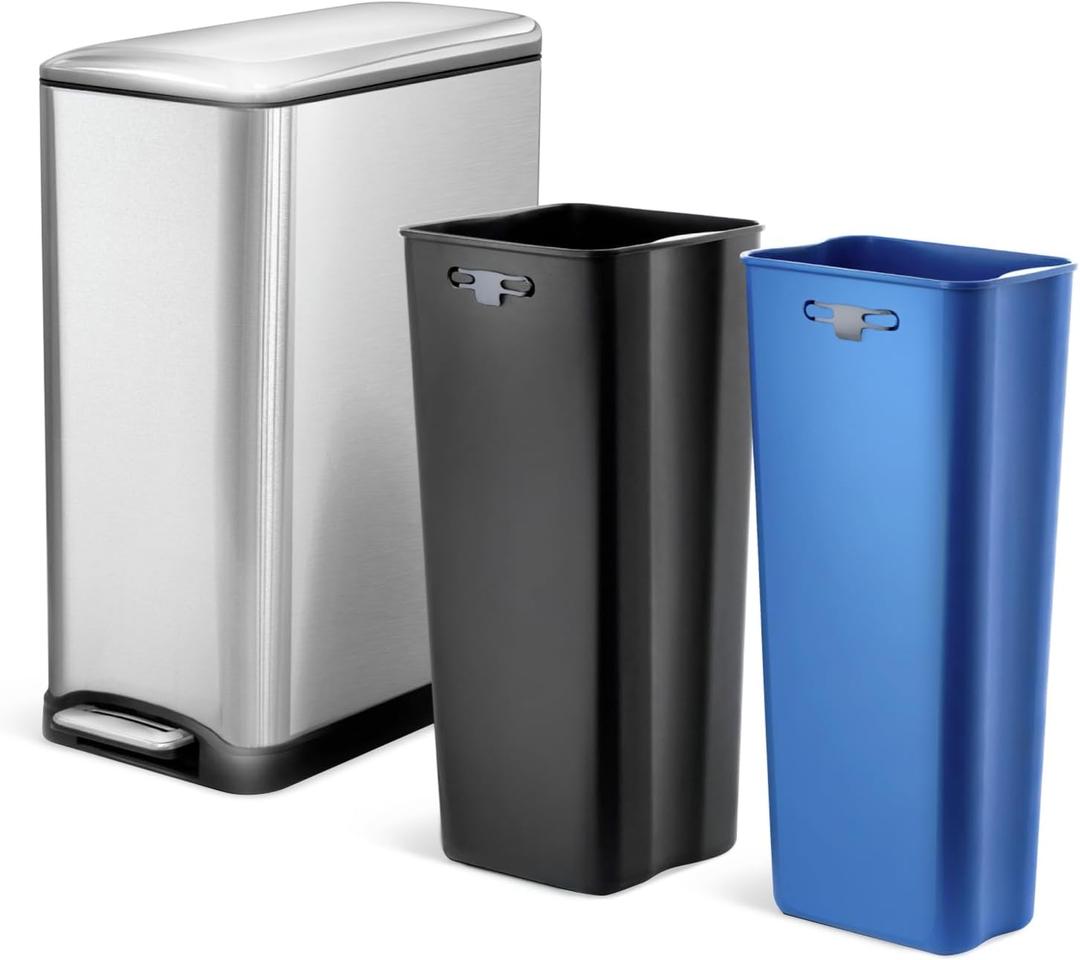 Home Zone Living 13 Gallon Slim Kitchen Trash Can with Dual Compartments for Recycling, Stainless Steel, Silver, 50 Liters Total, Gen 2