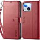 TUCCH Wallet Case for iPhone 15 with [Wrist Strap], Magnetic Closure RFID Blocking 4 Card Slot, Stand Shockproof TPU Shell PU Leather Folio Compatible with iPhone 15 6.1" 2023, Dark Red with Wristlet