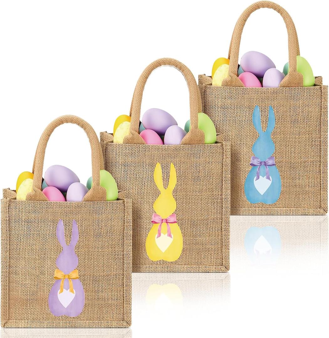 3 Pcs Easter Burlap Bags Bunny Easter Basket Essentials Spring Egg Hunts Candy Gift Tote Bag for Kids Boys Girls Eggs Candy Hunting Carrying Daily Use, Classic Colors