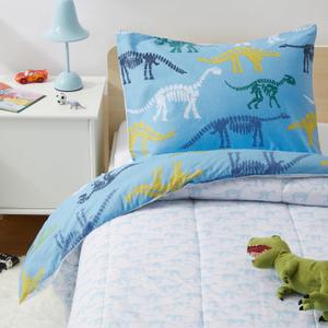Amazon Basics Kids' 2 Piece Cotton Reversible Comforter Set with Sham, USTCP Certified Cotton, Twin, Dinosaurs