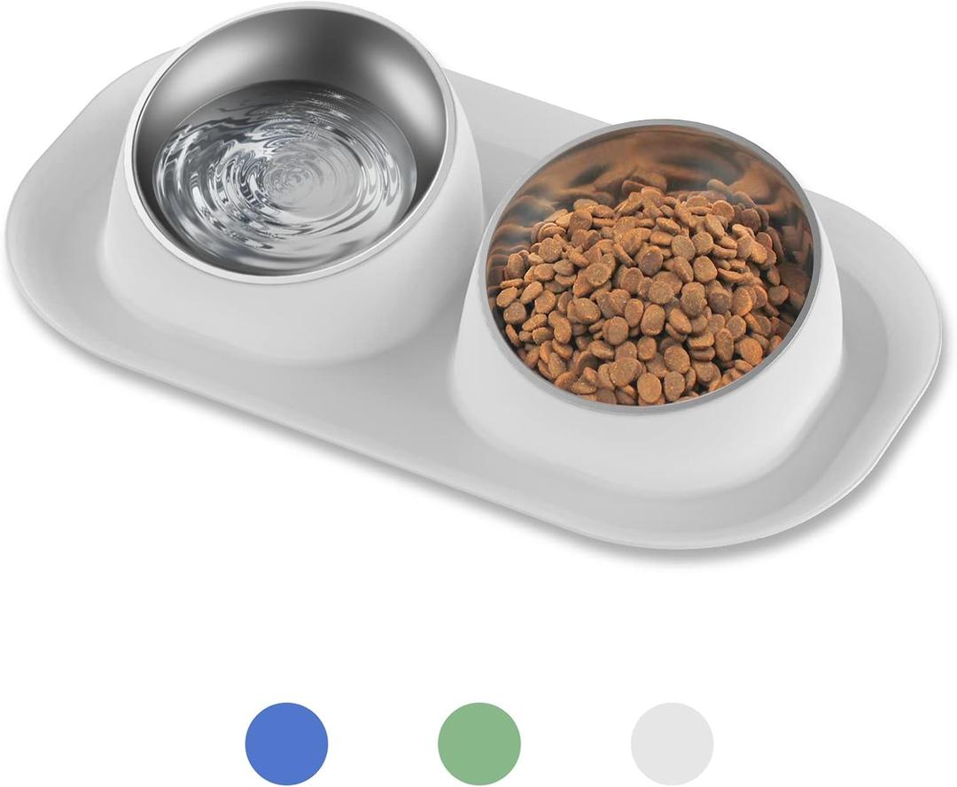 Dog Cat Basic Food and Water Bowl Set, 2 Removable Stainless Steel Feeding Bowls with Non-Slip Leak-Proof Plastic Stand Suitable for Small and Medium Pet Puppy Feeder Tableware Supplies, Grey