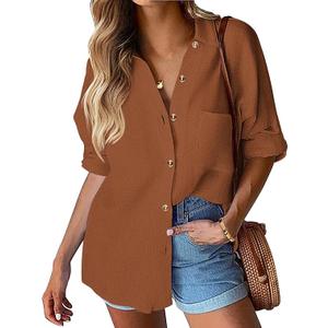 HOTOUCH Womens Linen Button Down Shirt Casual Long Sleeve Cotton Blouse Loose Fit Collared Work Gauze Tops with Pocket M 