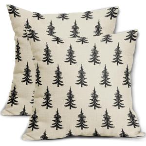 Christmas Tree Pillow Covers 18x18 Set of 2 Black Xmas Rustic Style Winter Print Decorative Outdoor Pillowcases Farmhouse Vintage Holiday Decorations Throw Cushion Case Decor for Couch Sofa Bed