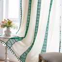 Deeprove Boho Curtains for Bedroom, Boho Curtain 63 Inches Length, Crochet Textured Splice with Cream Cotton Linen Fabric, Chic Bohemian Window Curtain Tassels, Rod Pocket, 1 Panel 59"W x 63"L, Green