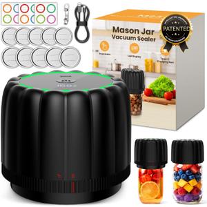 2026 Upgraded Electric Mason Jar Vacuum Sealer Kit with Wide and Regular Mouth Mason Lids -80kpa Automatic Vacuum Pump 2500mAh Battery One Touch Canning Sealing Machine for Food Storage Black