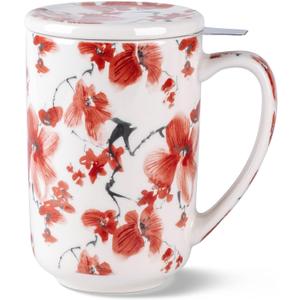 AmorArc Porcelain Tea Mug with Infuser and Lids, 18 Oz Coffee Cup Strainer with Bag Holder for Loose Leaf Tea, Steeping Coffee Mug for House-warming Wedding Birthday Gift (Sakura)