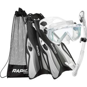 Phantom Aquatics Rapido Boutique Collection Clareza Three Window Tempered Glass Lens Mask Fin Snorkel Set with Snorkeling Gear Carry Bag (S/M, US: 6-9 / EU: 38-42, White)