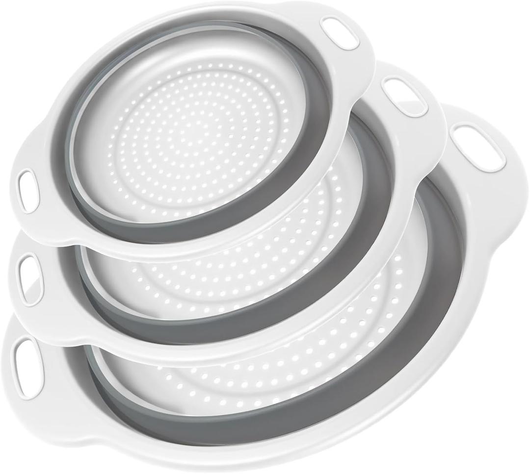 Collapsible Colander 3-Pack Set Space-Saving Foldable Kitchen Strainer with Non-Slip Base Durable Thickened PP+TPE Collapsible Strainers for Pasta, Vegetables, Fruits (Gray-White)